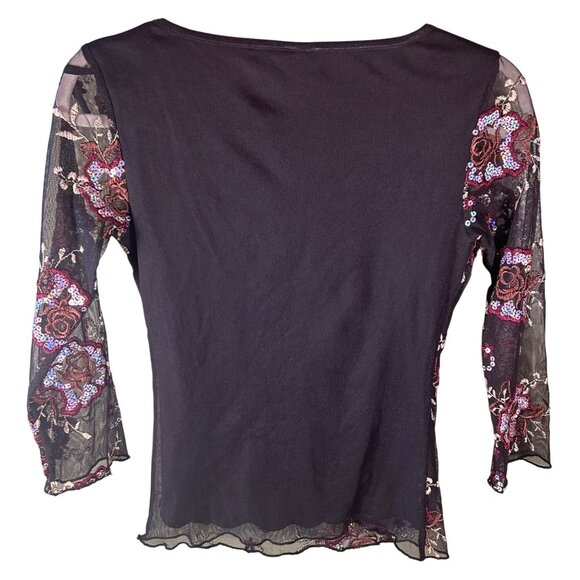 Womens Small Black Sheer Mesh Floral Embroidered Top Sequins Y2K Fairy Whimsy - Picture 2 of 7